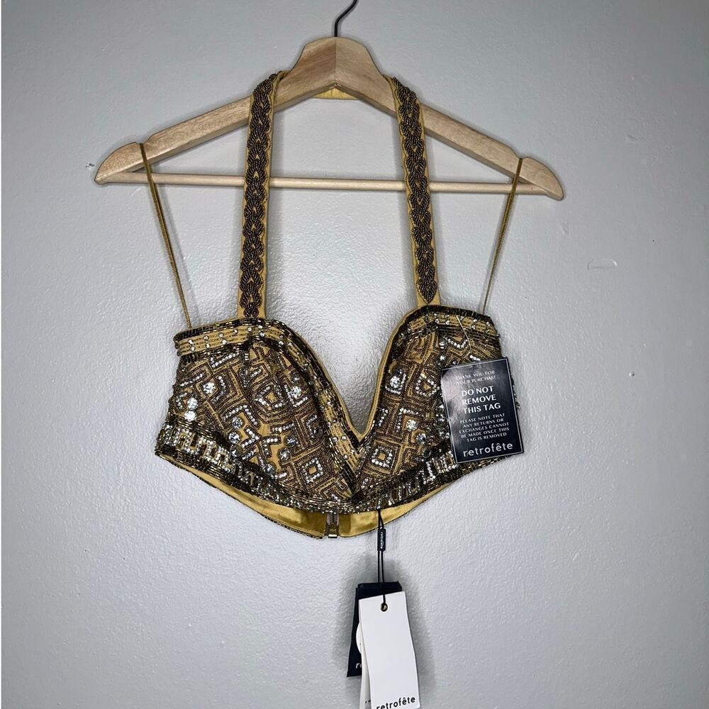 Retrofete NWT Kala Sequin Bra Halter Top Geometric Beading Gold Size Medium - Picture 3 of 9